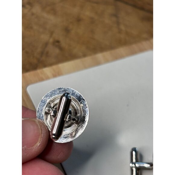 Silver Cufflinks With Blue Crystal Center & Circular Design - Picture 2 of 6